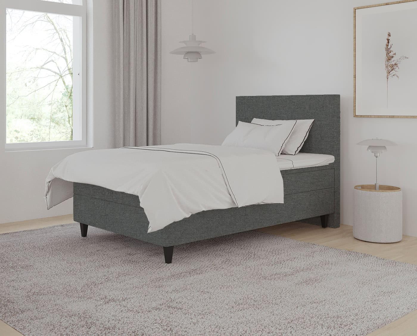 Høj kvalitet sengeramme i moderne design med komfortable sengetøj, ideel til skræddersyede sengeproduktion og dansk håndværk.