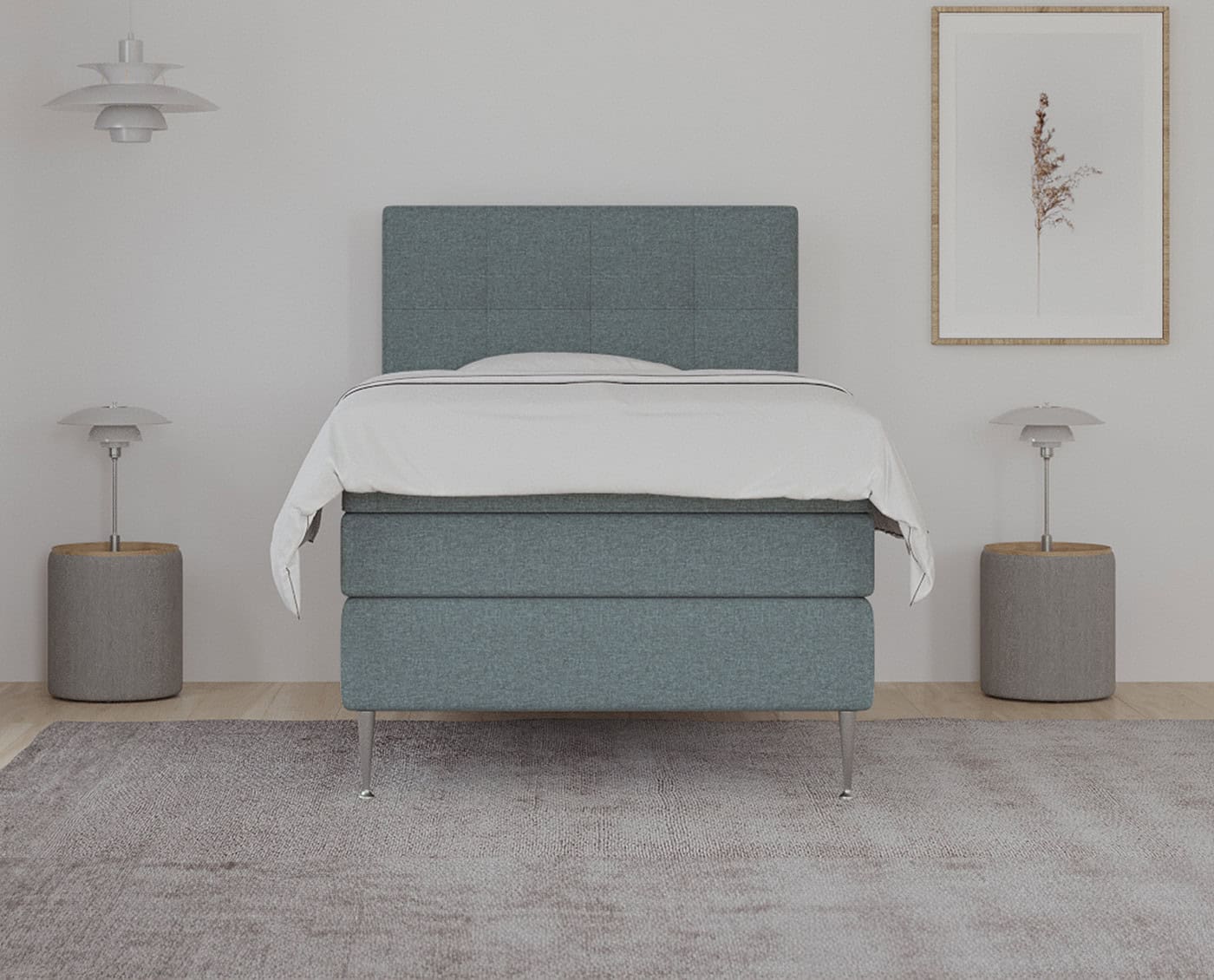 Sengebord i moderne soveværelse med komfortabel sengetøj og minimalistisk design. Perfekt til personlige værelse eller hotelværelse, lavet af kvalitetsmaterialer, skræddersyet efter kundens ønsker.