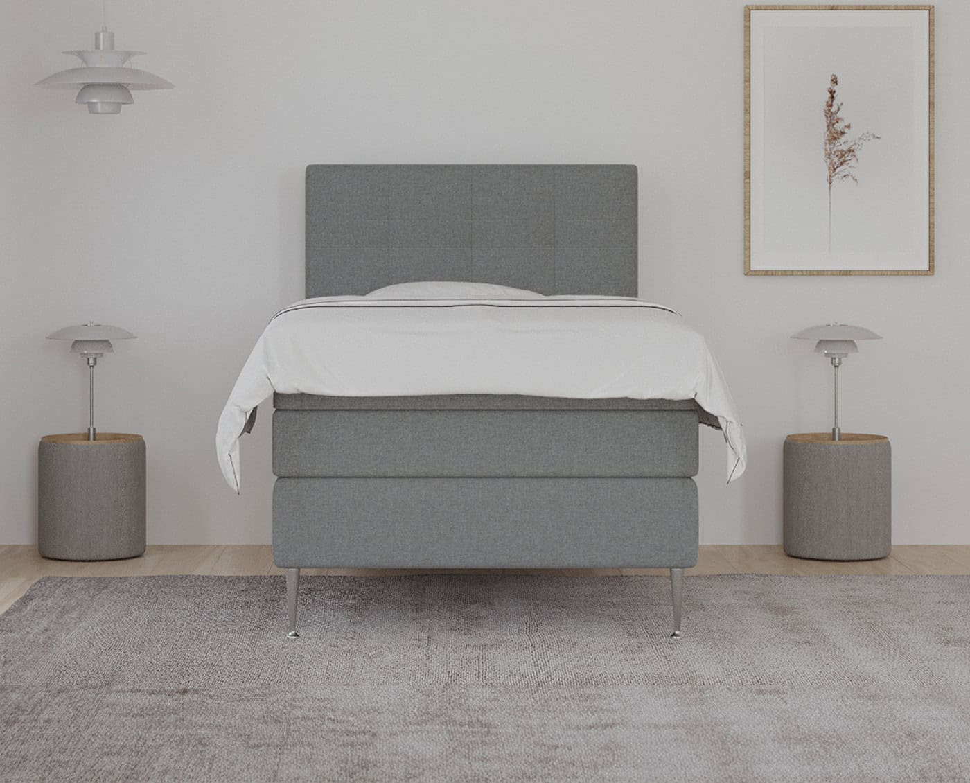 Rustikt og komfortabelt sengeramme i gråt stof, moderne design med høje ben, jeg laver speciallavede senge til dit soveværelse for optimal komfort og stil.