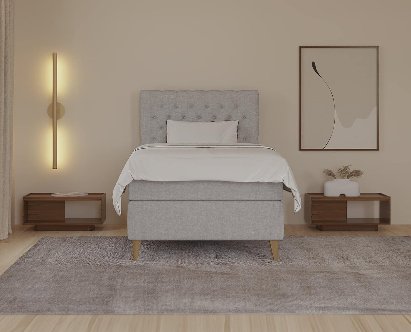 Sengeløsning i minimalistisk soveværelse med moderne sengebord og blødt tekstiltapet, specialfremstillet efter kundens ønsker, lavet i kvalitetsmaterialer.