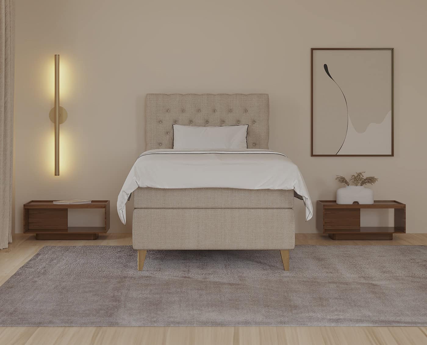 Senge i minimalistisk og moderne stil, med træskabe ved siden af, i et lyst og indbydende soveværelse. Perfekt til skandinavisk indretning og unikke, skræddersyede sengeløsninger.