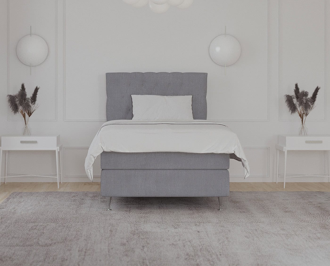 Elegance sengeramme i gråt med moderne design, perfekt til soveværelset. Skab en rolig atmosfære med stilfuldt og funktionelt møblet, specialfremstillet til dine behov.