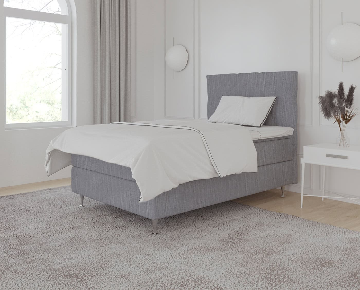 Eksklusivt soveværelsesdesign med specialfremstillet sengeramme i moderne Scandinavisk stil.