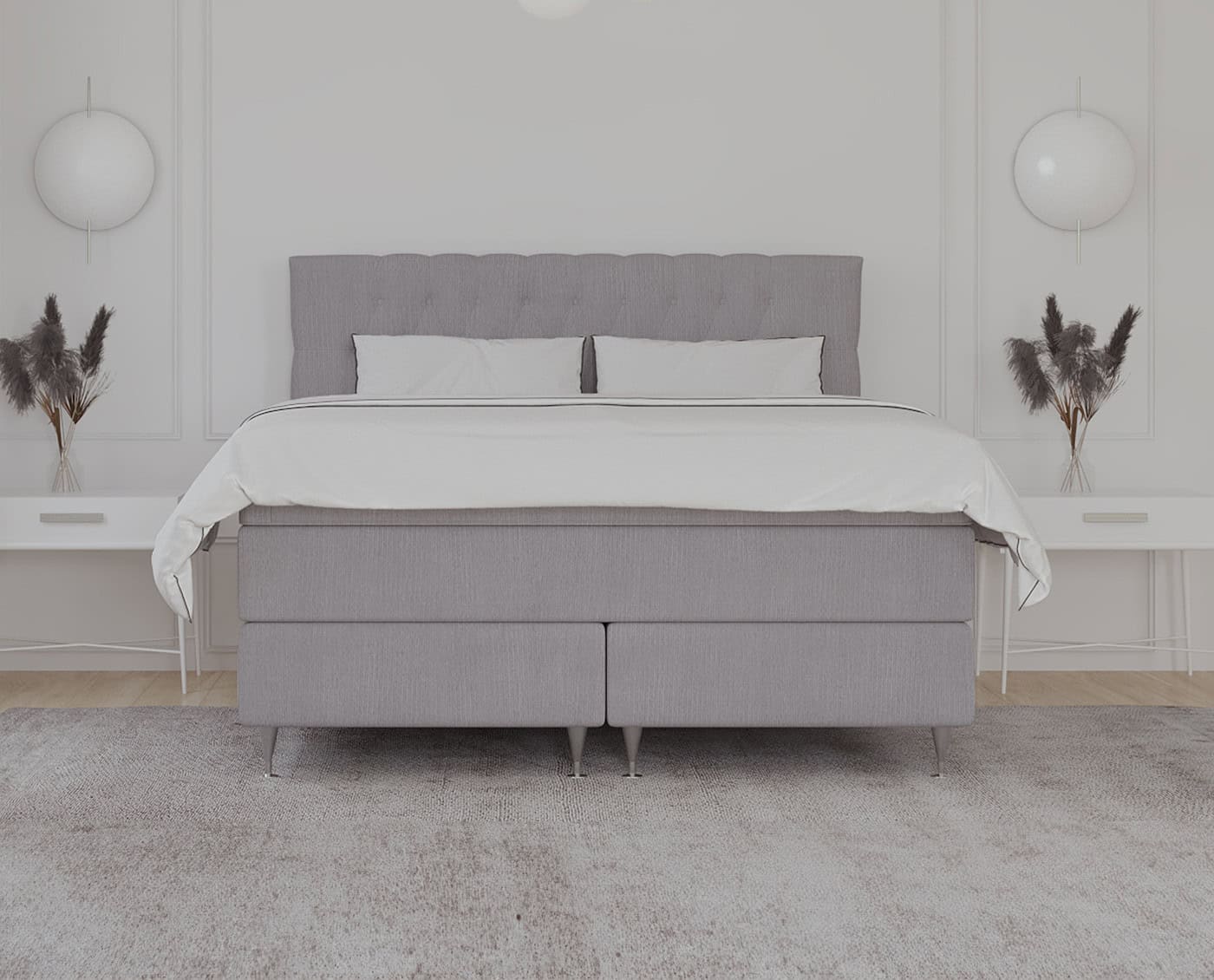 Unikt, tilpasset sengemøblement i moderne skandinavisk design med komfortabelt, blødt hovedgærde og elegante vægdekorationer. Perfekt til soveværelset med fokus på funktion og æstetik.