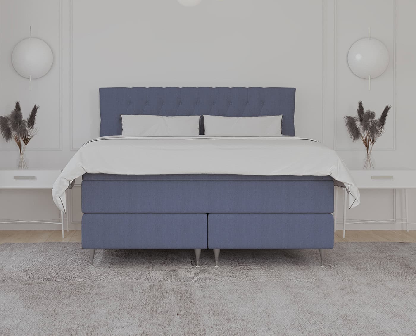 Unik håndlavet sengeramme i blå stof med moderne design, perfekt til soveværelset. Skræddersyet til dine behov, skabt af SengeSnedkeren for komfort og stil.