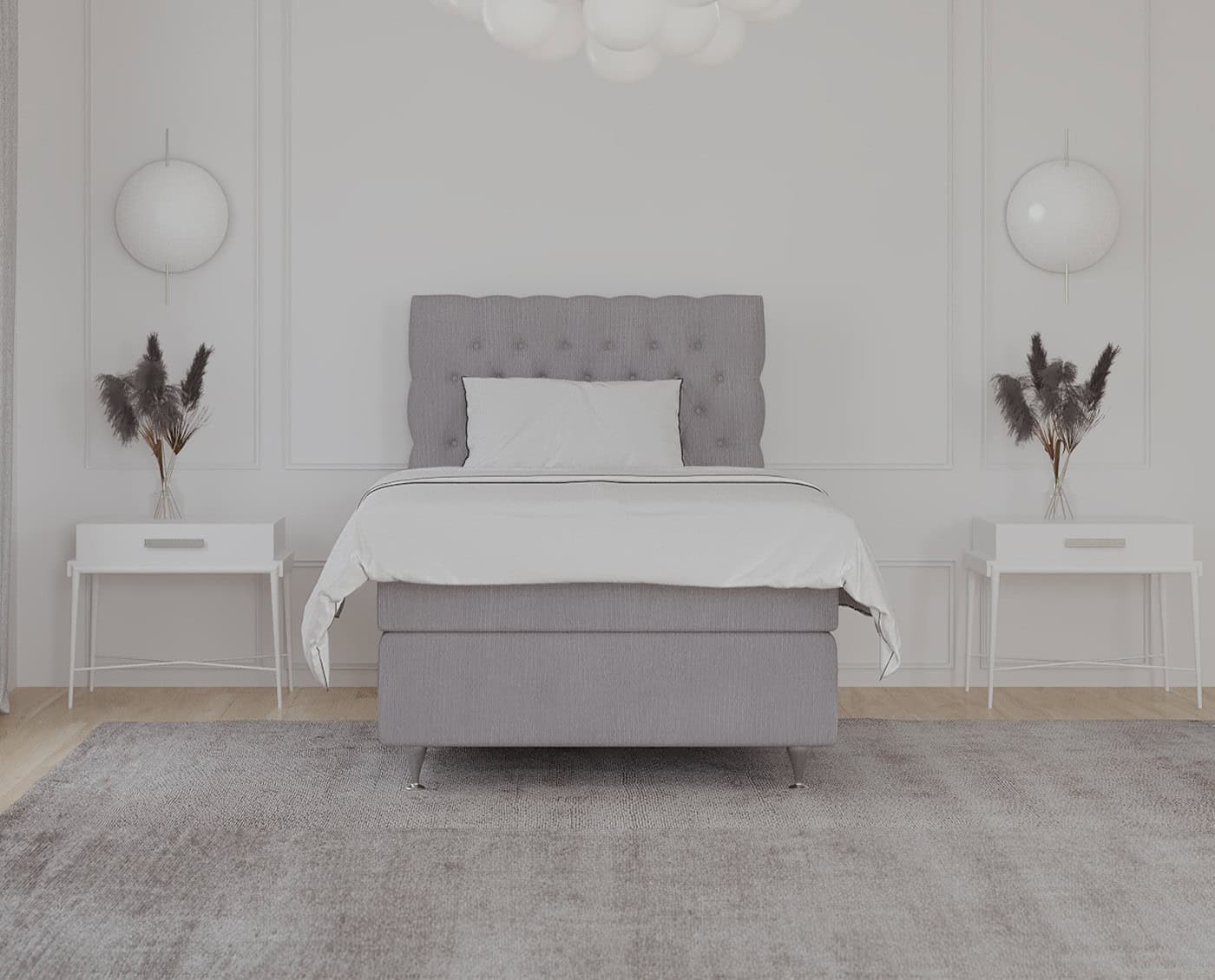 Sengesnedkeri i minimalistisk soveværelsesdesign med skræddersyet sengeramme og moderne indretning.