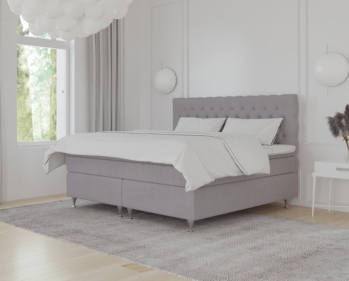 Elegance seng med polstret hovedgærde og moderne design, perfekt til soveværelset. Skræddersyet efter dine ønsker for komfort og kvalitet, lavet af professionelle snedkere.