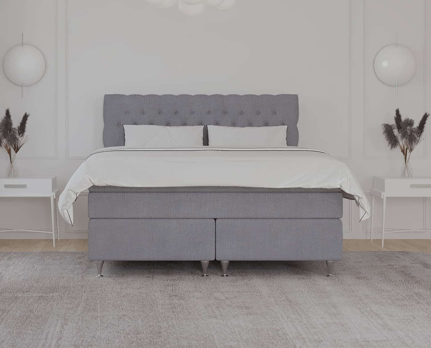 Senge i moderne grå stofdesign med komfortabel polstret hovedgærde, ideel til specialfremstillede senge, skabt af SengeSnedkeren.