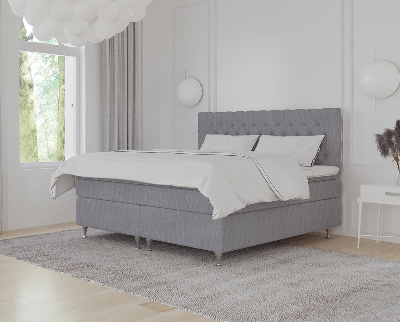 Elegantt, håndlavet sengegavl i gråt stof til moderne soveværelser, designet til komfort og stil. Perfekt til tilpassede senge hos SengeSnedkeren.