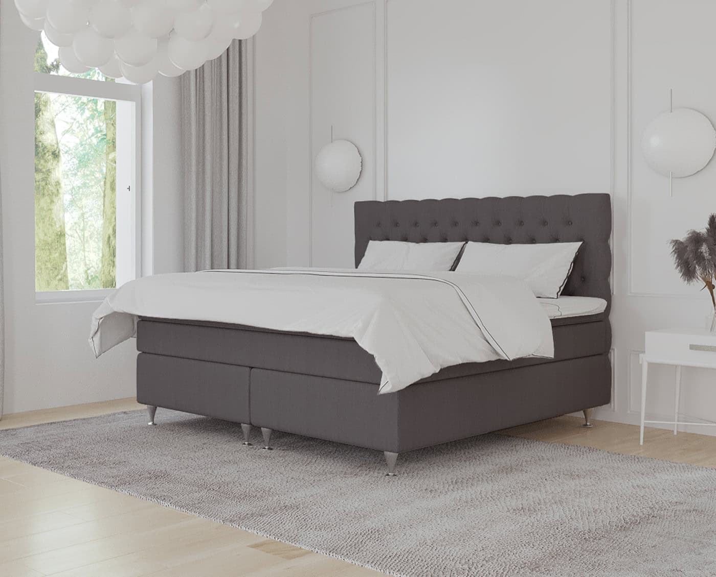 Elegance moderne sengegavl i mørkegrå, skræddersyet til at skabe stilfuld komfort i soveværelset, med specialdesignede senge og fokus på kvalitetsmaterialer og æstetik.