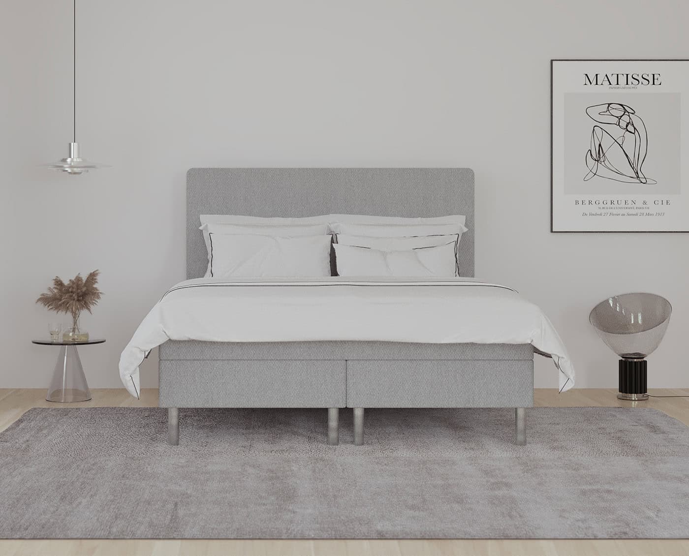 Senge i moderne, minimalistisk stue med lyse farver og elegant design. Ideel til personlig tilpasning og komfort. Skab din drømmesøvn med specialfremstillede senge fra Sengesnedkeren.