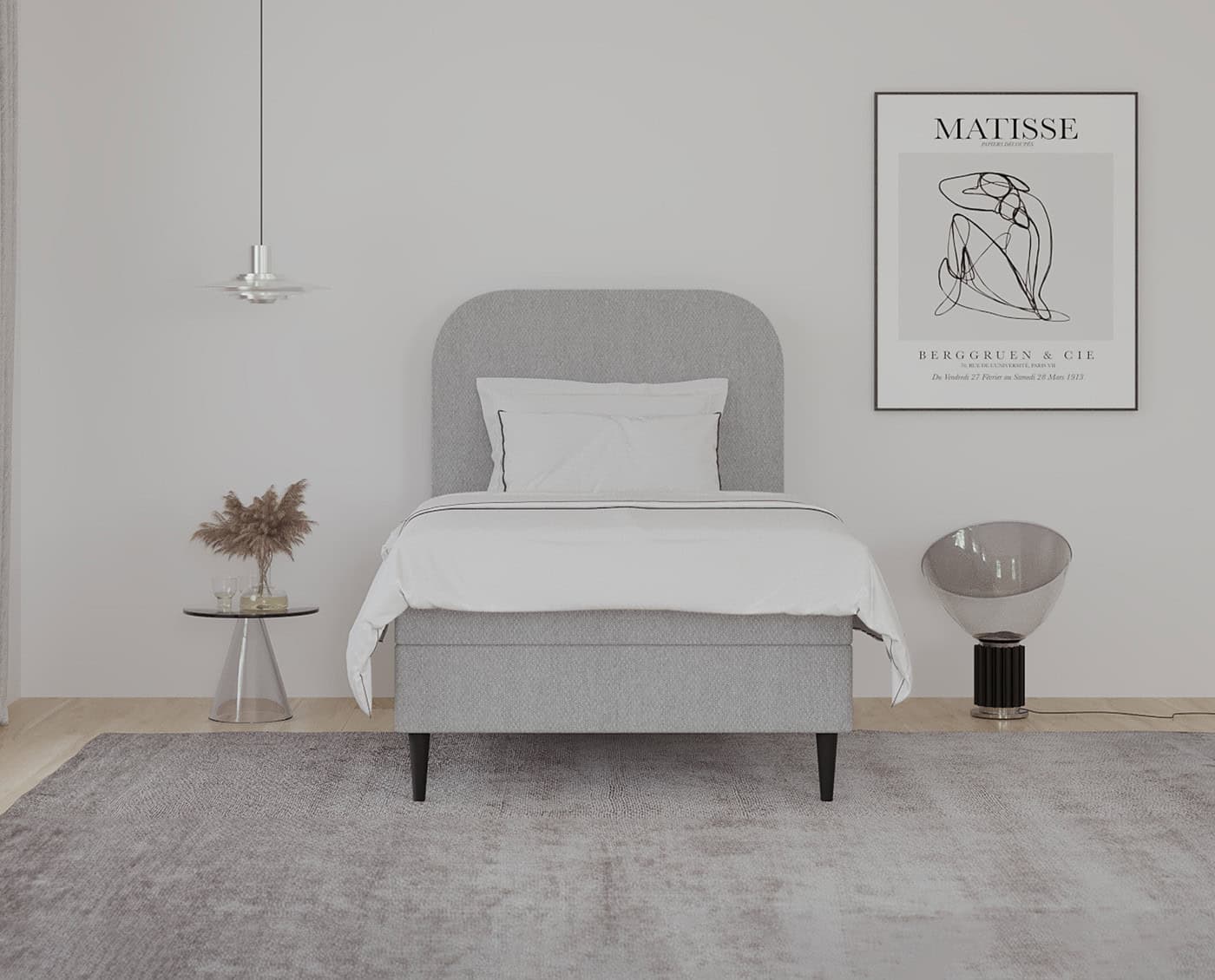 Elegantt soveværelsesbillede med skandinavisk design, moderne sengegavl, minimalistisk belysning og stilfulde sidebord, perfekt til specialfremstillede kvalitets senge.