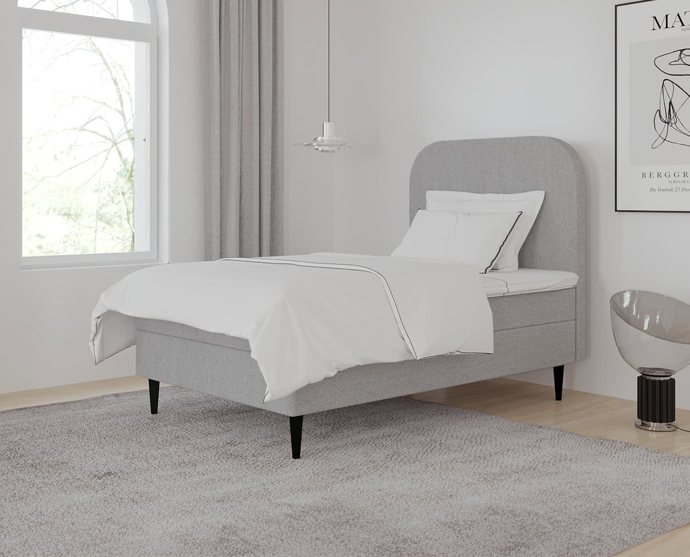 Lækkert moderne senge-design med komfortabelt tekstilbetræk og elegant sort ben, perfekt til élégante soveværelser og tilpassede senge løsninger.