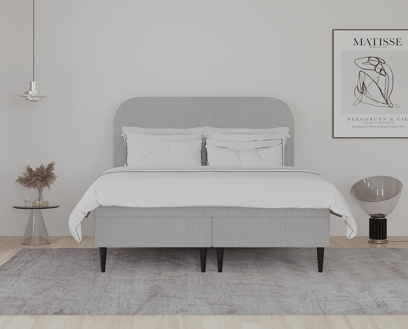 Elegant sengetype i minimalistisk skandinavisk stil med komfortable puder og moderne design. Perfekt til moderne soveværelser for en afslappende og stilfuld atmosfære.